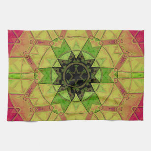 Linge De Cuisine Mosaic Mandala Flower jaune vert et rose