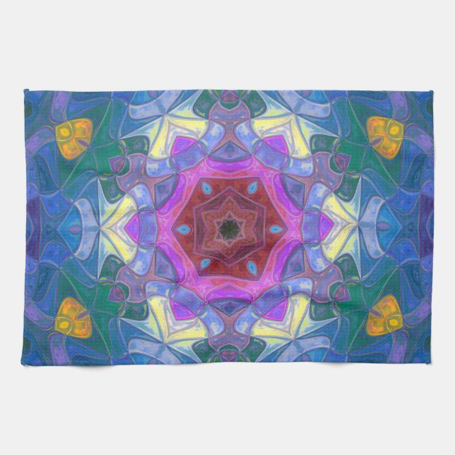 Linge De Cuisine Mosaic Mandala Flower rose bleu et jaune (Horizontal)