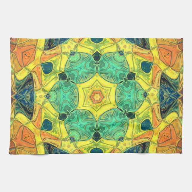 Linge De Cuisine Mosaic Mandala Flower vert jaune bleu et orange (Horizontal)