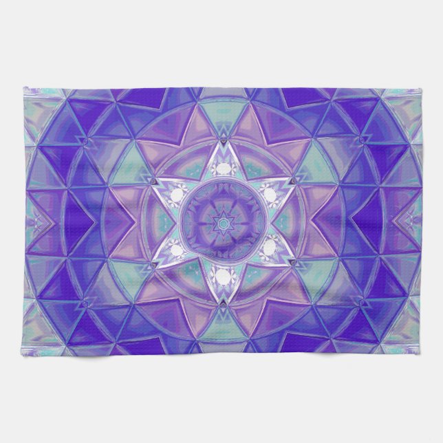 Linge De Cuisine Mosaic Mandala Flower violet bleu et blanc (Horizontal)