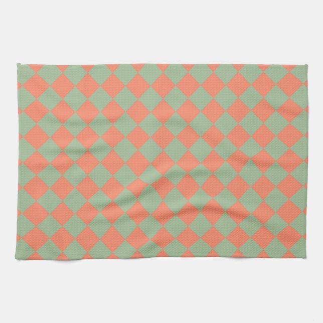 Linge De Cuisine Motif à carreaux diamant Vert olive Rose saumon  (Horizontal)