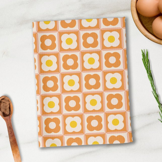 Linge De Cuisine Motif à carreaux floral rétro Jaune, Orange (Créateur téléchargé)