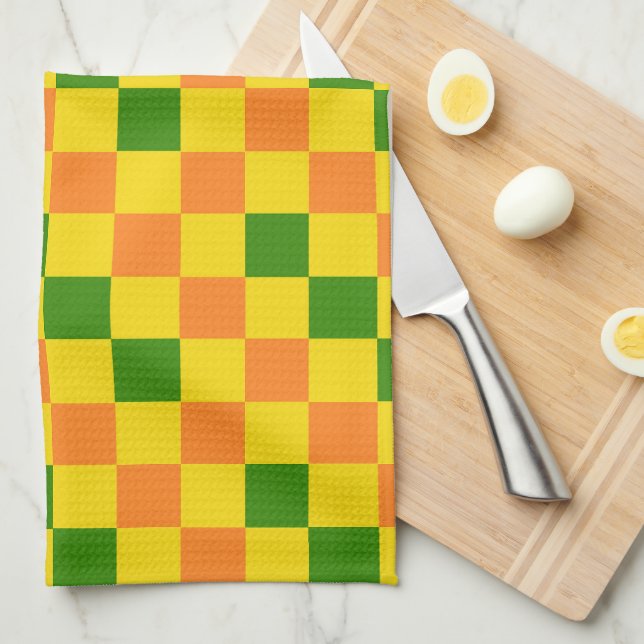 Linge De Cuisine Motif à carreaux orange jaune vert  (Quart Plié)