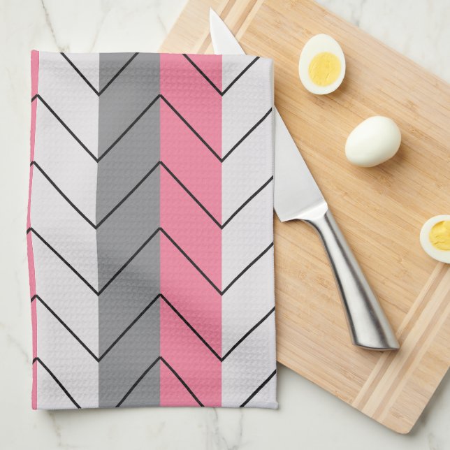 Linge De Cuisine Motif à chevrons rayés noir gris rose  (Quart Plié)