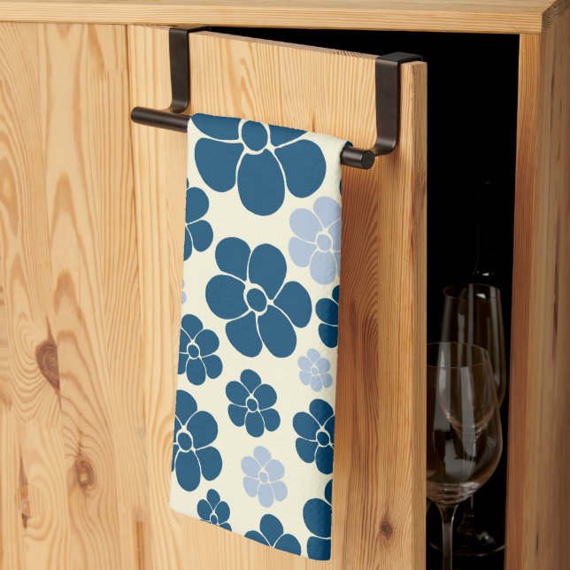 Linge De Cuisine Motif à fleurs - Bleu foncé, Bleu clair et Crème (Pliage en tiers)