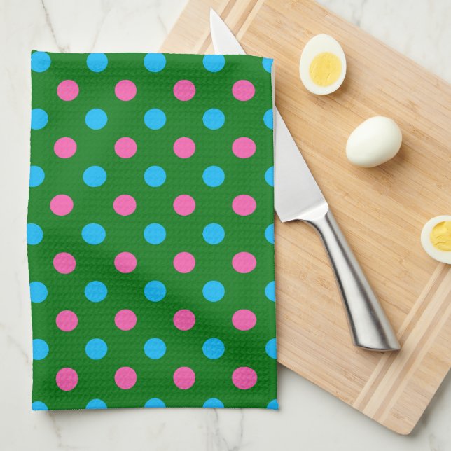 Linge De Cuisine Motif à pois bleu vert rose (Quart Plié)