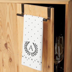 Linge De Cuisine Motif à pois monogramme laurier noir et blanc