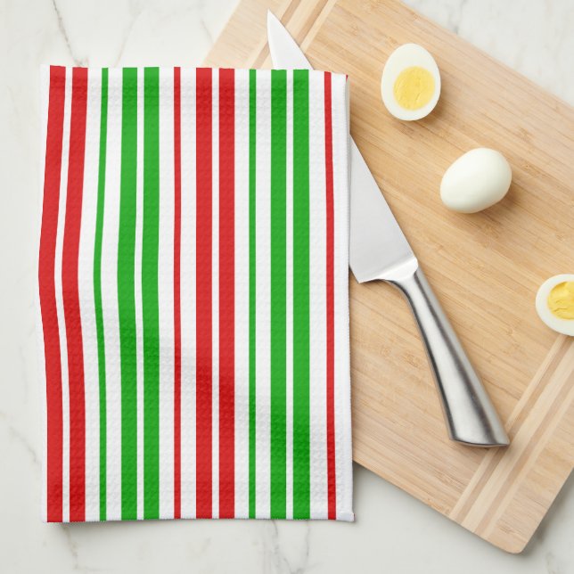 Linge De Cuisine Motif à rayures blanches rouges et vertes   (Quart Plié)