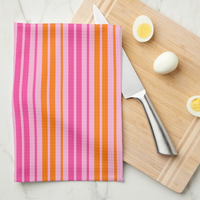 Linge De Cuisine Motif à rayures verticales rose et orange (Quart Plié)
