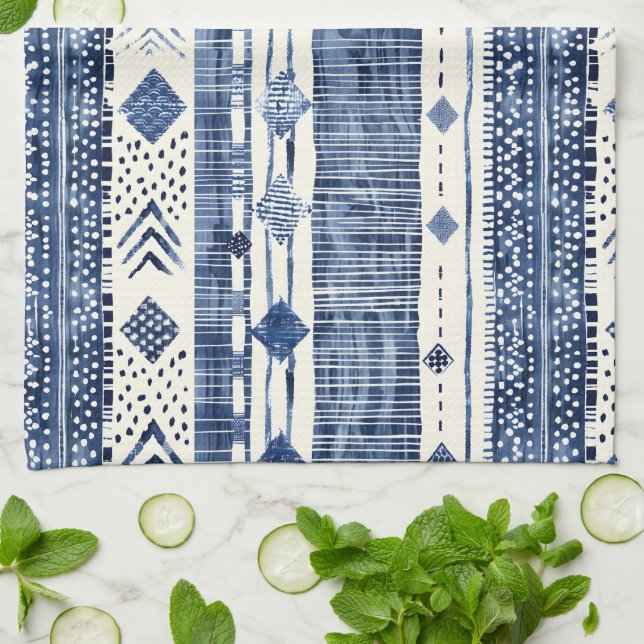 Linge De Cuisine Motif Abstrait Bleu Et Blanc (Plié)