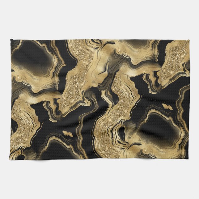 Linge De Cuisine Motif agate pailleté noir et or élégant (Horizontal)