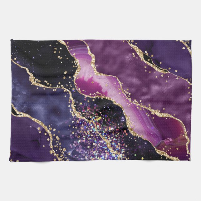 Linge De Cuisine Motif agate pailleté violet, rose et or (Horizontal)