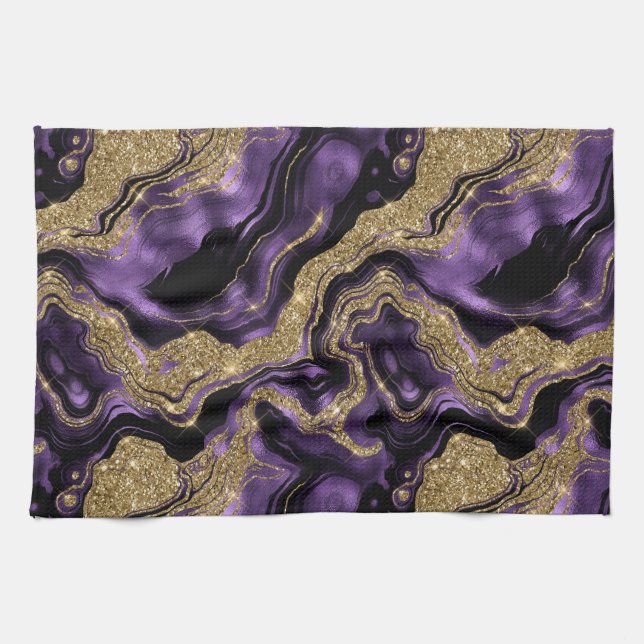 Linge De Cuisine Motif agate scintillant violet et or élégant (Horizontal)