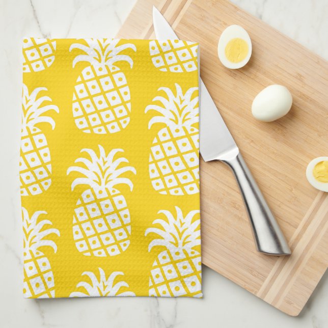 Linge De Cuisine Motif ananas jaune et blanc (Quart Plié)