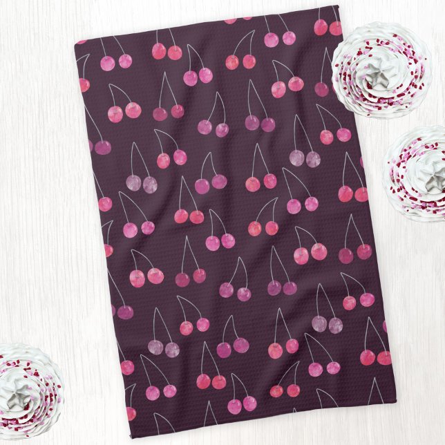 Linge De Cuisine Motif aquarelle Cerise Noire (Watercolor black cherries pattern kitchen tea towel)