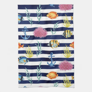 Linge De Cuisine Motif aquarelle nautique rétro (8)