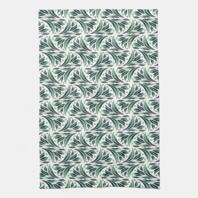 Linge De Cuisine Motif Art Déco élégant avec feuillage vert (Vertical)
