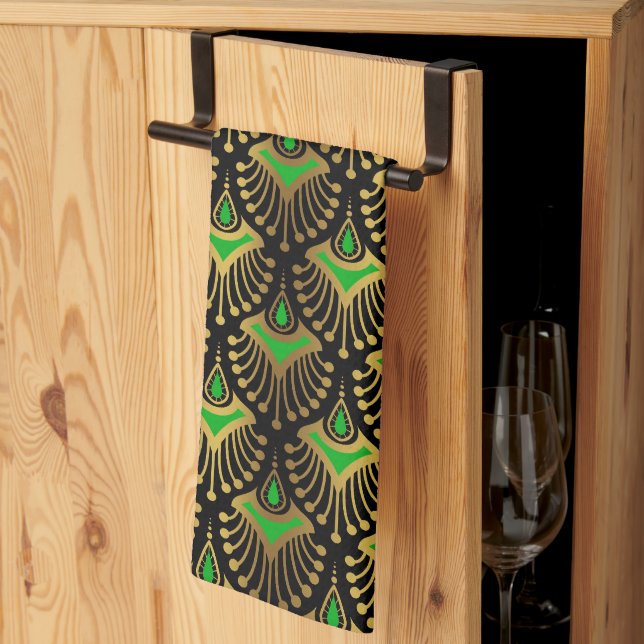 Linge De Cuisine Motif Art déco or et vert sur cuisine noire T (Pliage en tiers)
