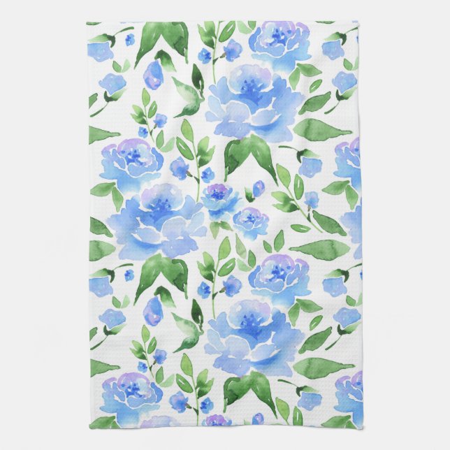 Linge De Cuisine Motif avec fleurs d'aquarelle bleue (Vertical)