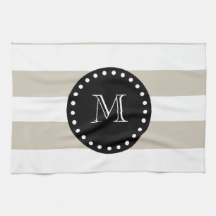 Linge De Cuisine Motif blanc beige de rayures, monogramme noir