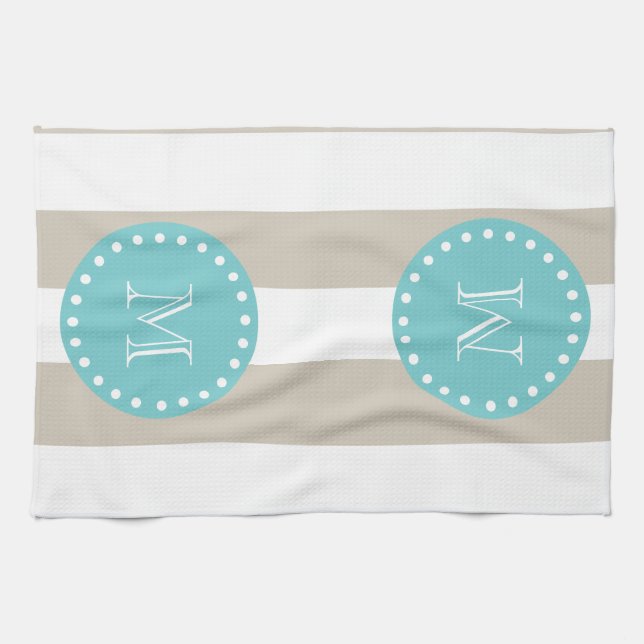 Linge De Cuisine Motif blanc beige de rayures, monogramme turquoise (Horizontal)