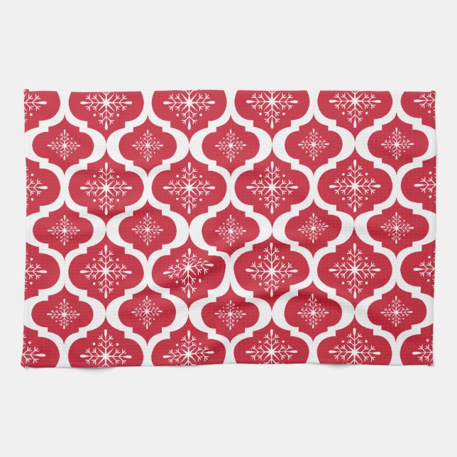 Linge De Cuisine Motif blanc rouge de trellis de flocons de neige (Horizontal)