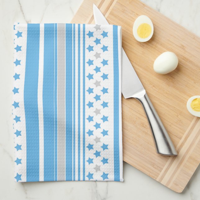 Linge De Cuisine Motif bleu ciel rayé avec des étoiles (Quart Plié)