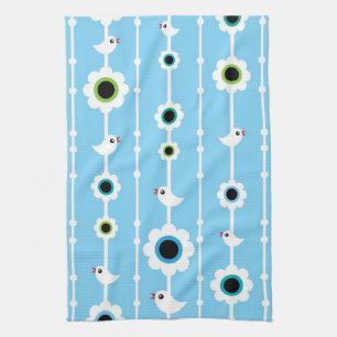 Linge De Cuisine motif bleu d'oiseau et de fleurs