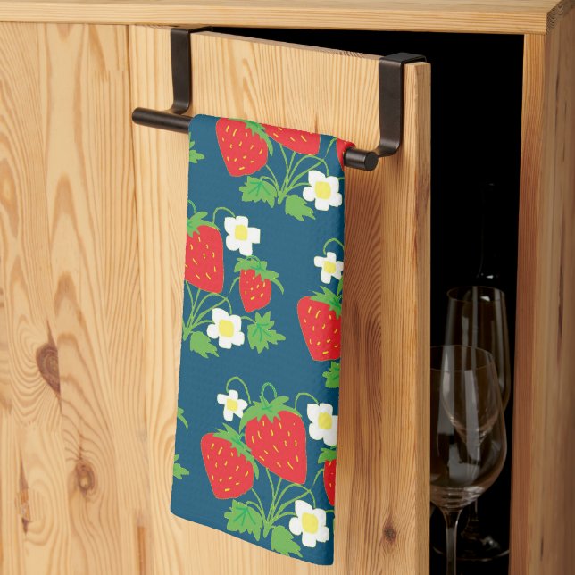 Linge De Cuisine Motif bleu fraise et fleur (Pliage en tiers)