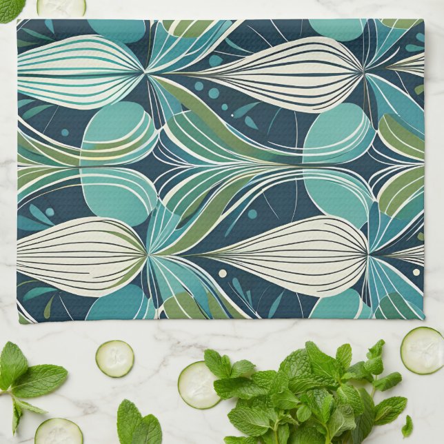 Linge De Cuisine Motif bleu vert du milieu du siècle atomique (Plié)