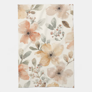 Linge De Cuisine Motif botanique aquarelle floral pêche beige