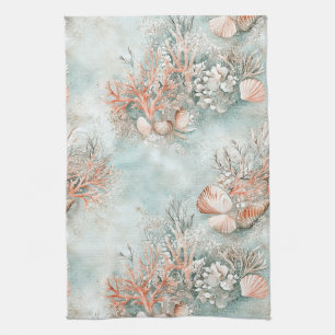 Linge De Cuisine Motif botanique de coquille d'océan Aqua doux