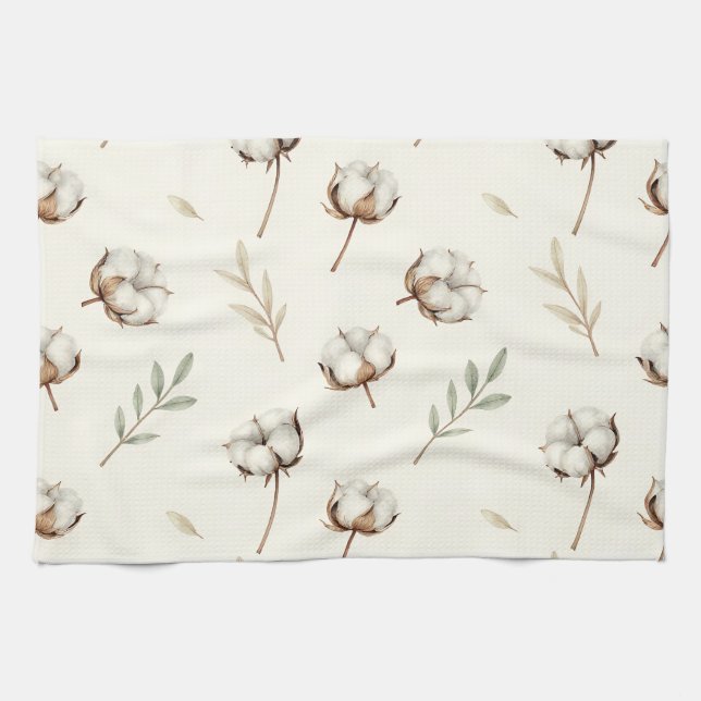 Linge De Cuisine Motif botanique de fleur de coton doux (Horizontal)