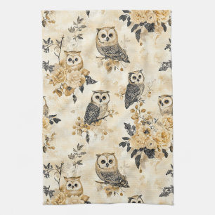 Linge De Cuisine Motif botanique de hibou beige vintage en bois