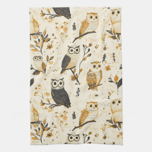 Linge De Cuisine Motif botanique faunique de hibou beige élégant