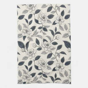 Linge De Cuisine Motif botanique floral bleu vintage (2)