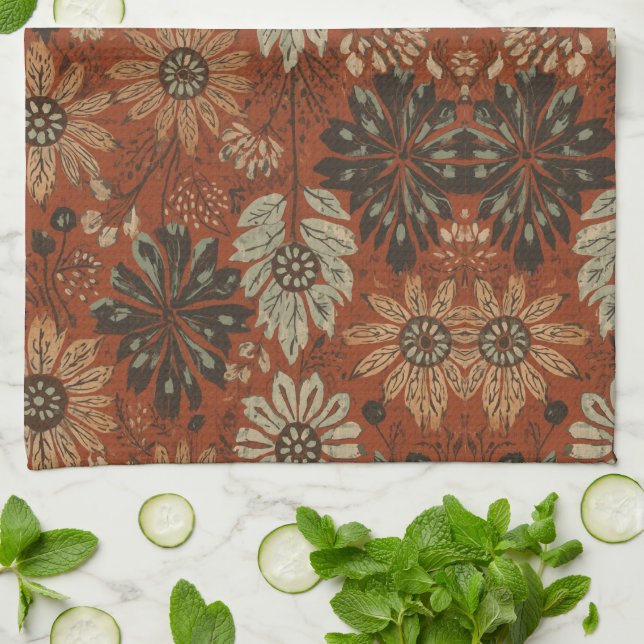 Linge De Cuisine Motif botanique terracotta sage boho foncé (Plié)