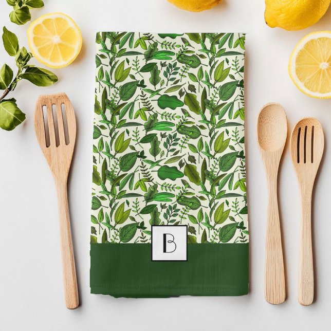 Linge De Cuisine Motif botanique vert monogramme élégant (Elegant Monogram Green Botanical Pattern Kitchen Towel)