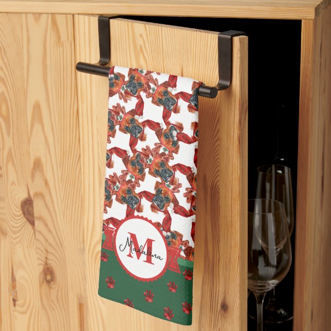 Linge De Cuisine Motif Boxer Monogramme Noël Chien (Pliage en tiers)