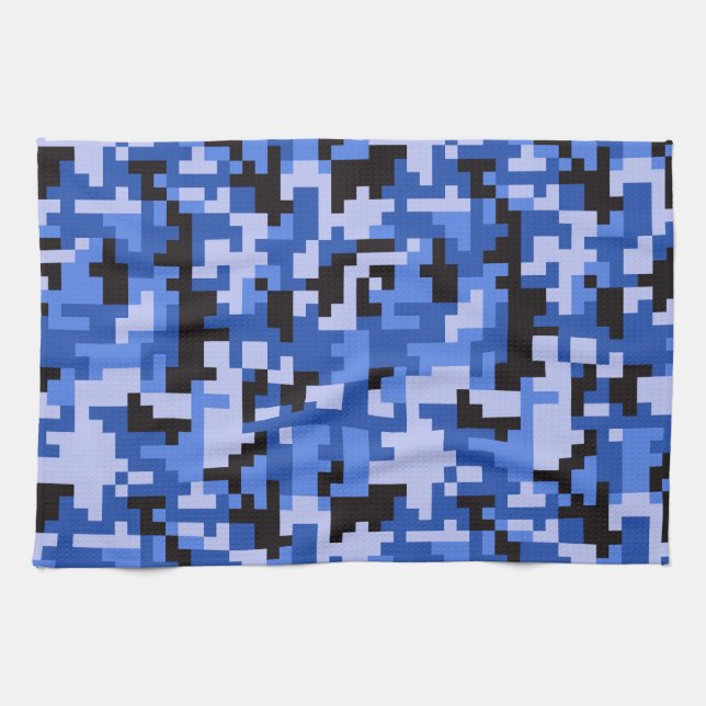 Linge De Cuisine Motif camouflage pixel eau bleu et noir (Horizontal)