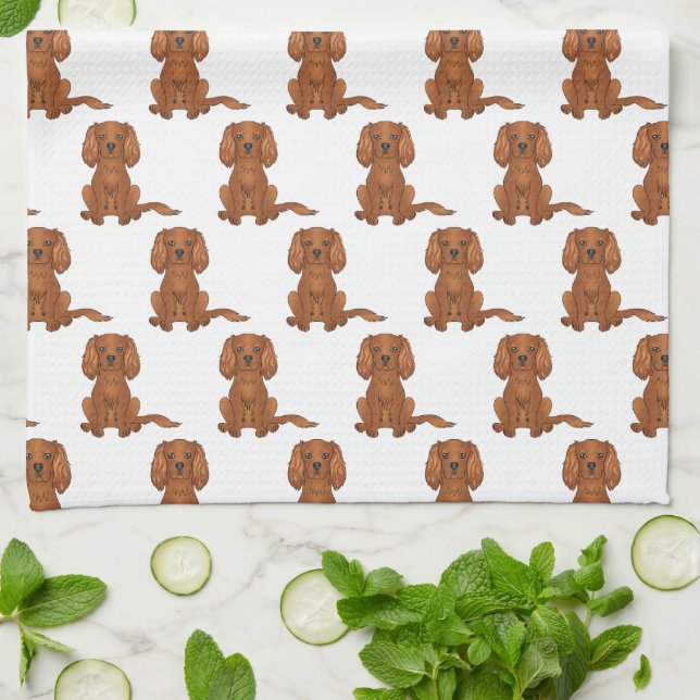 Linge De Cuisine Motif Cavalier King Charles Spaniel couleur rubis (Plié)