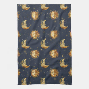 Linge De Cuisine Motif Céleste Soleil & Lune Nuit Étoilée Or
