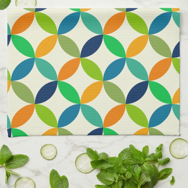 Linge De Cuisine Motif Cercles Vert Bleu Orange Milieu de Siècle   (Plié)
