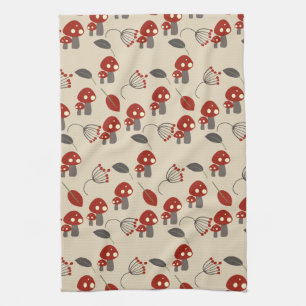 Linge De Cuisine Motif Champignons Rouges et Feuilles