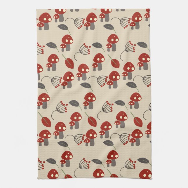 Linge De Cuisine Motif Champignons Rouges et Feuilles (Vertical)