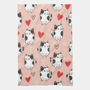 Linge De Cuisine Motif Chats Kawaii Rose et Cœurs (3)