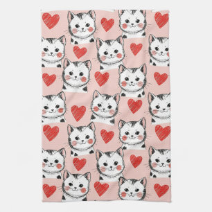 Linge De Cuisine Motif Chats Kawaii Rose et Coeurs Doux (8)