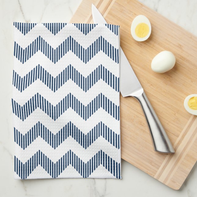 Linge De Cuisine Motif Chevron Blanc Et Bleu Moderne (Quart Plié)