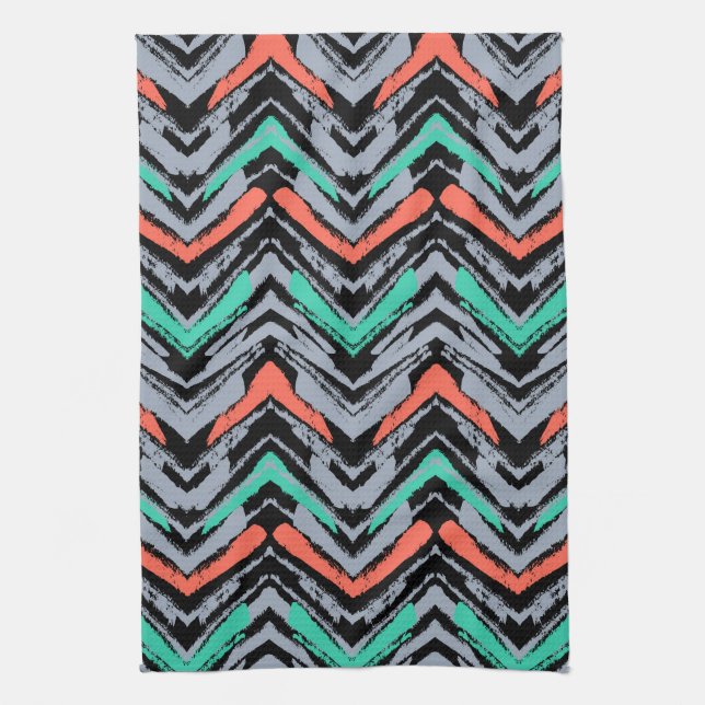 Linge De Cuisine Motif Chevron Grise, Turquoise Et Corail (Vertical)