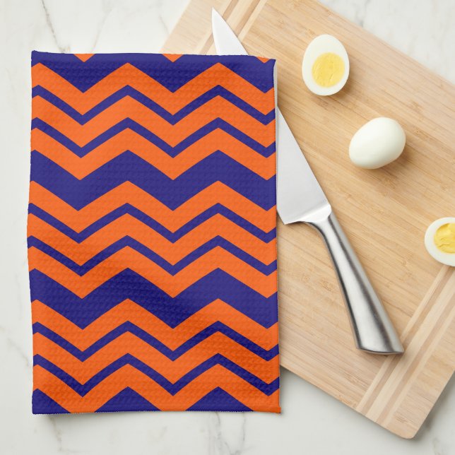 Linge De Cuisine Motif chevron zigzag bleu orange  (Quart Plié)